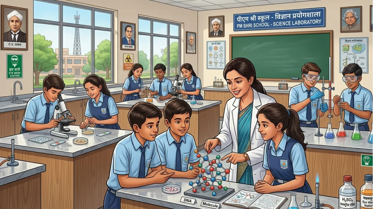 Students performing science experiments in a school lab with teacher guidance and teamwork